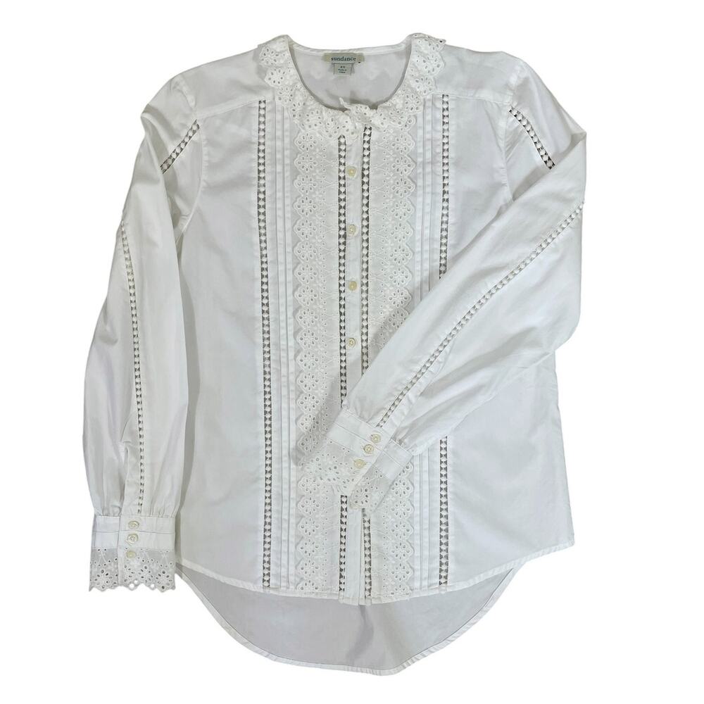 Sundance Cotton Embroidered Button Up Shirt White XS Boho Cottage Parisian Chic